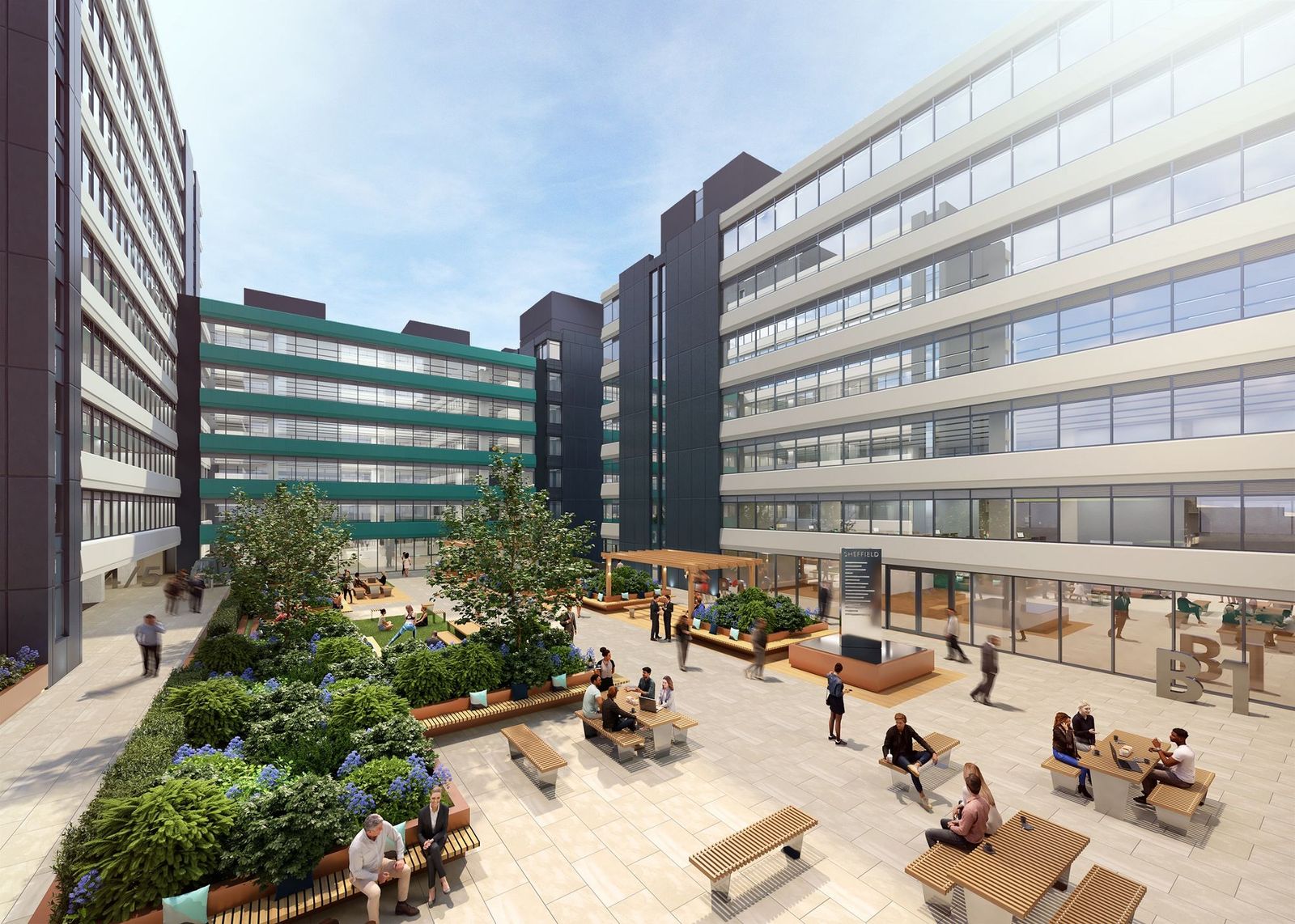 Work is underway creating a vast outdoor plaza at the heart of Sheffield’s Pennine Five